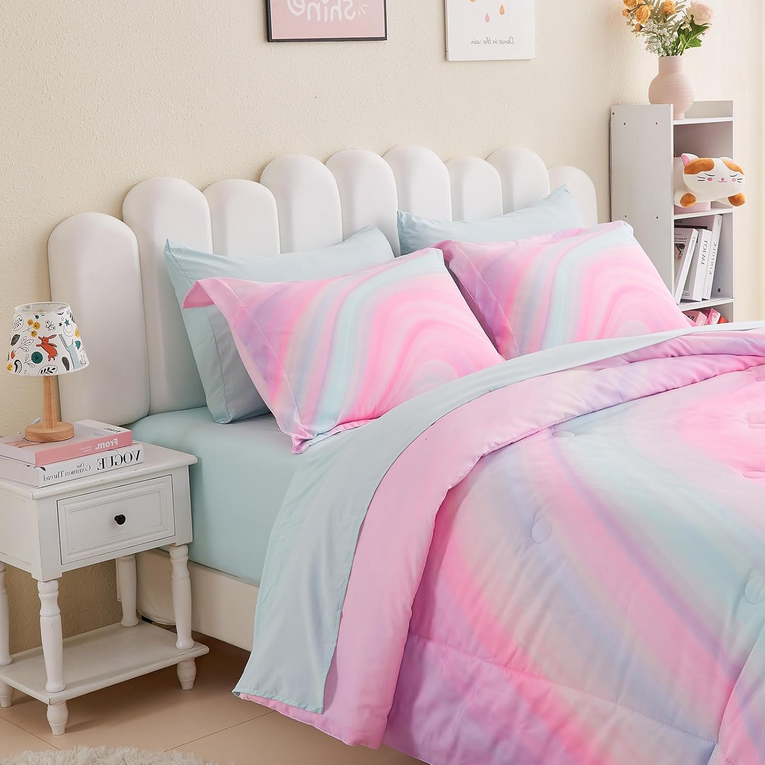 Wajade Girls Pink Comforter Set Twin Size 7 Piece Bedding Set
