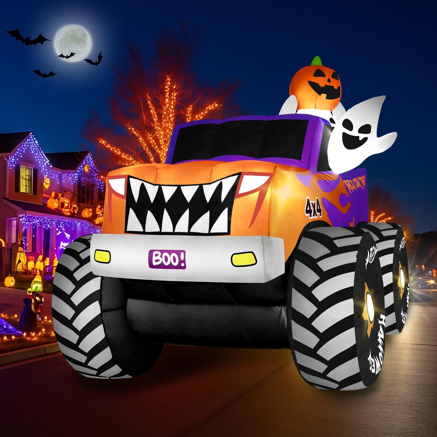 8FT Long Halloween Inflatables Monster Truck with Ghosts & Pumpkin