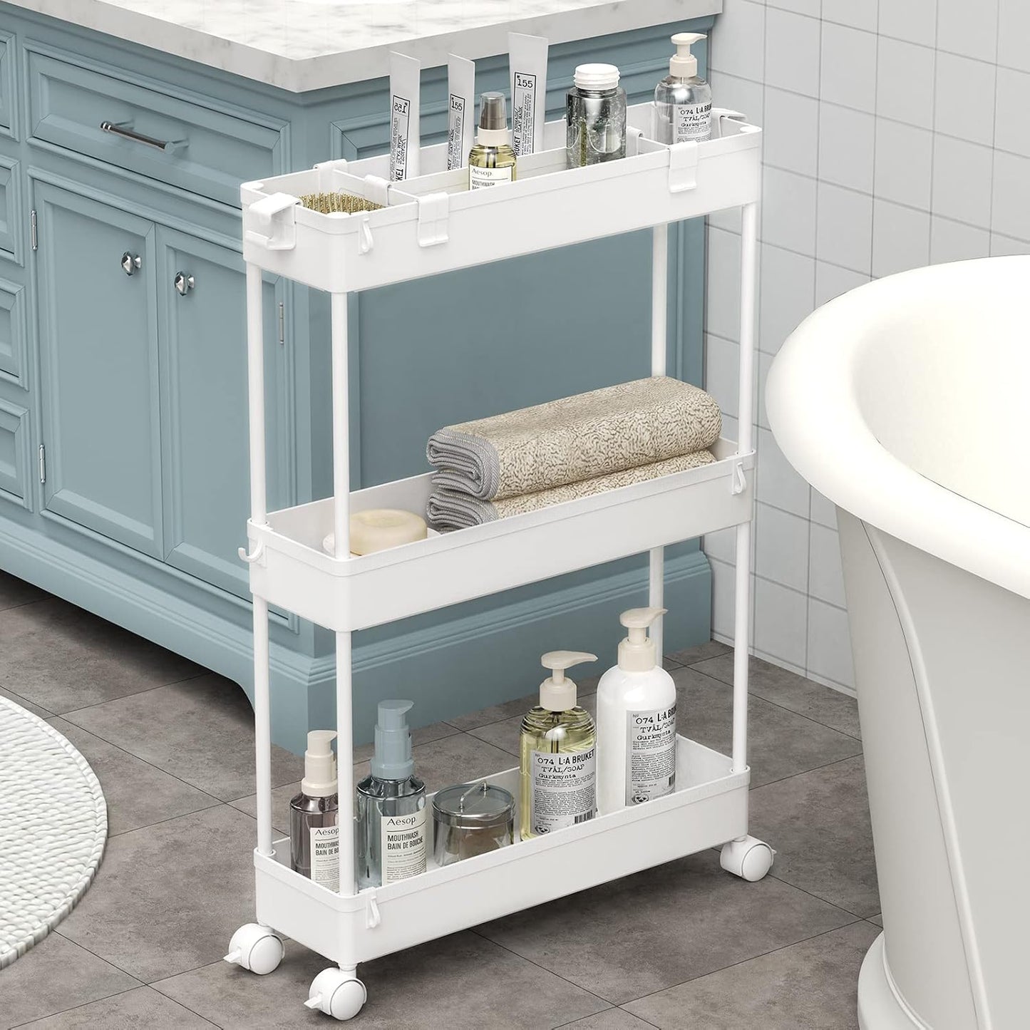 Space-Saving 3-Tier Rolling Cart - White