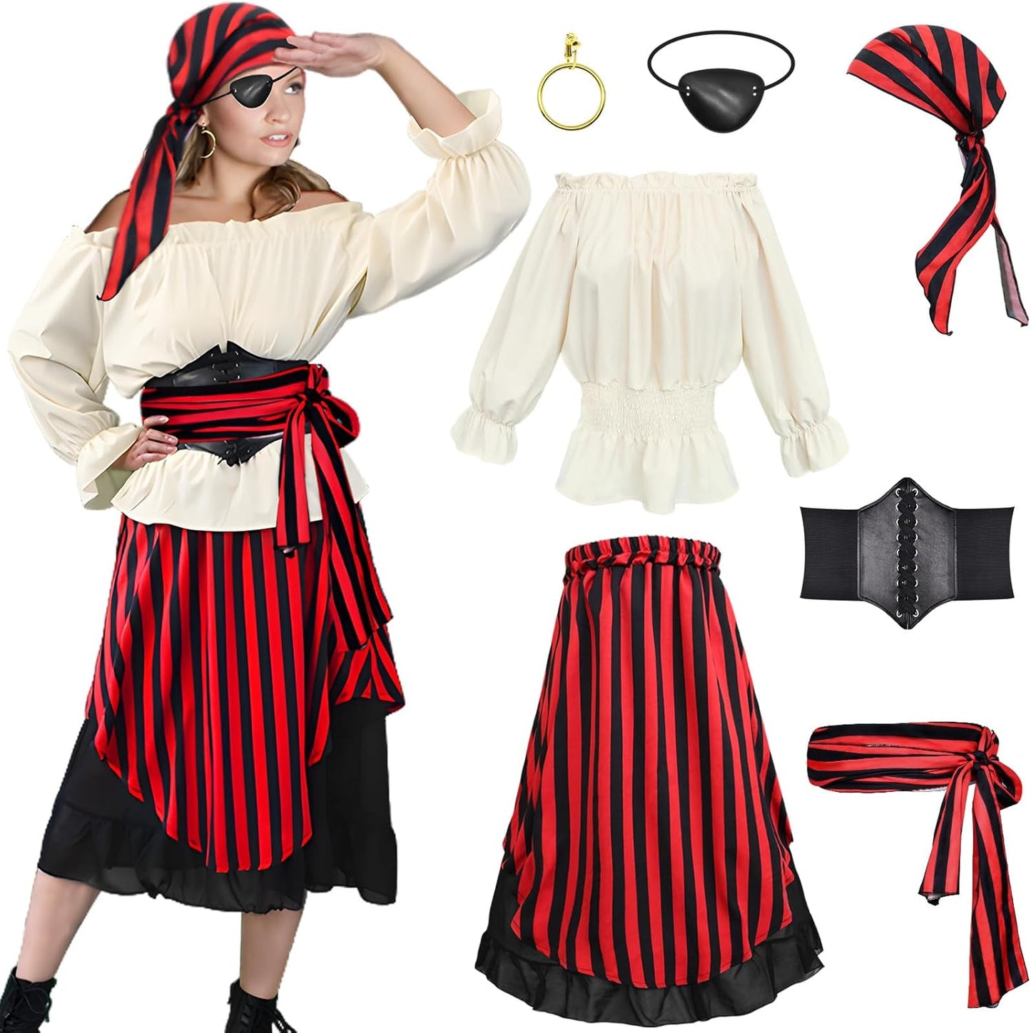 7Pcs Womens Pirate Costume Set for Fun Parties and Cosplay