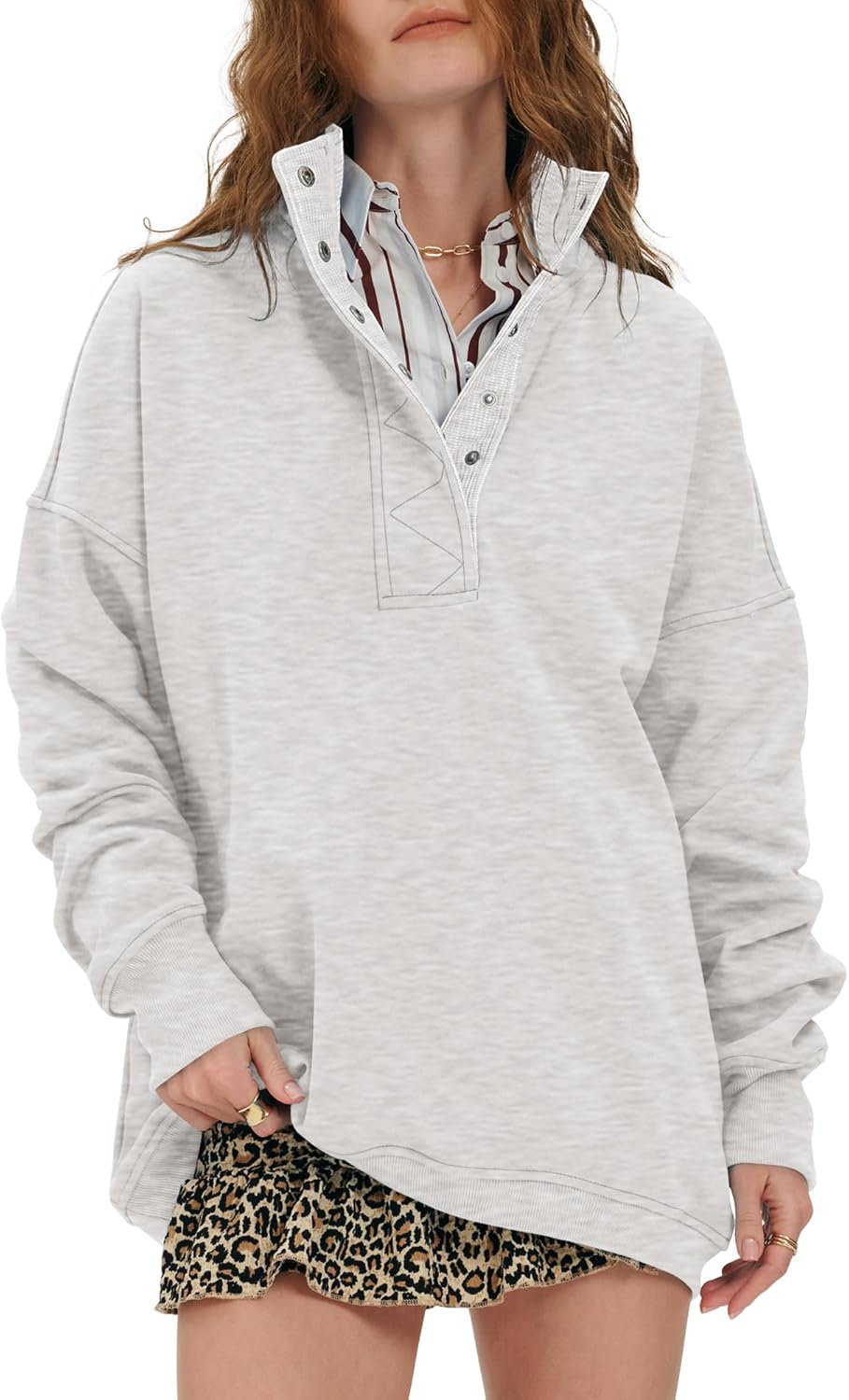 Locachy Womens Casual Button Henley Neck Oversized Sweatshirt