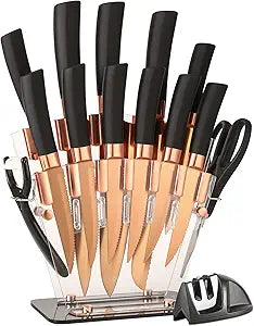 Gold Knife Set with Acrylic Block - 15Pcs Kitchen Knives