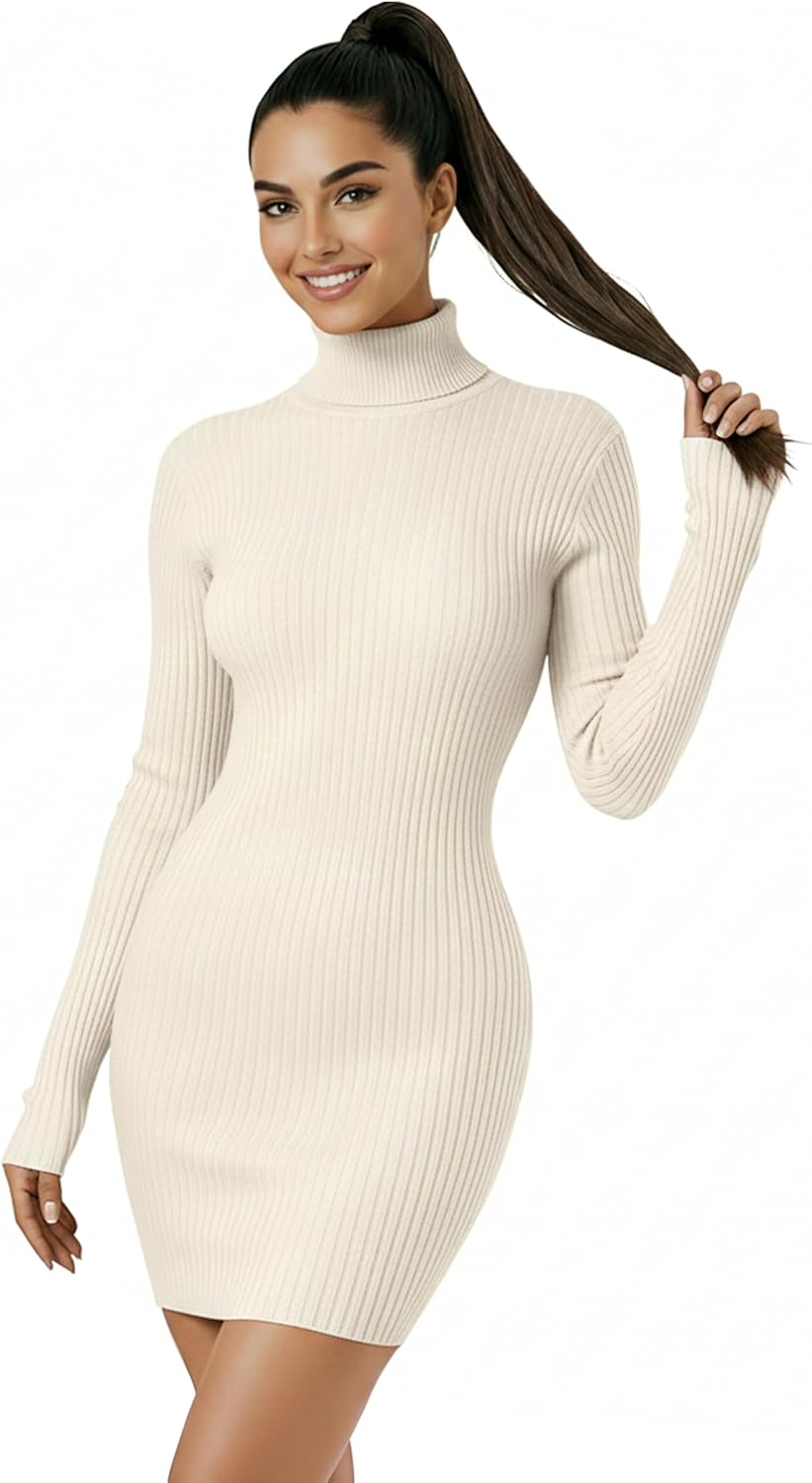 v28 Women Turtleneck Long Sleeve Bodycon Mini Knit Dress