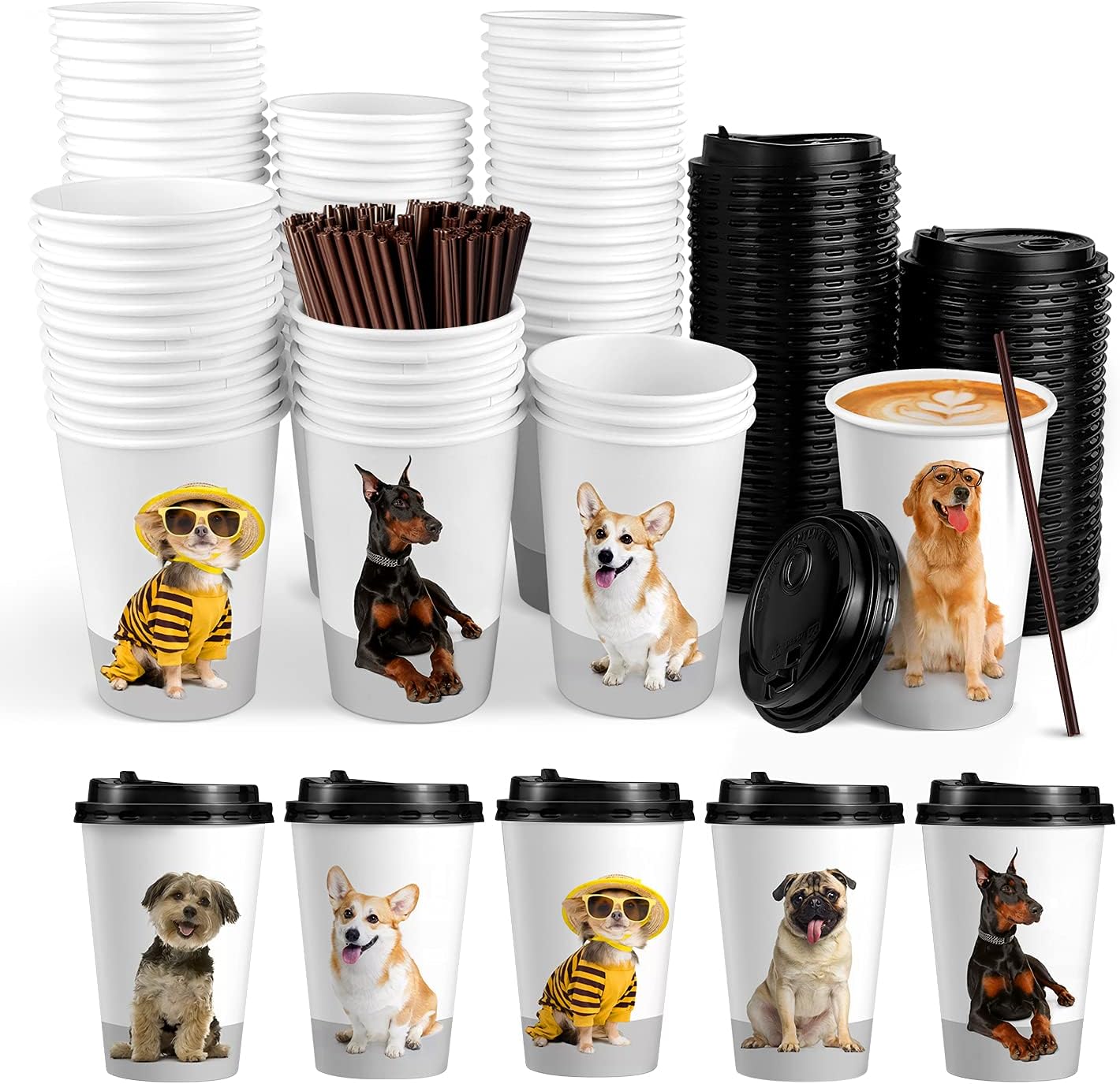 Dog-Themed 16oz Coffee Cup Set with Lids & Straws