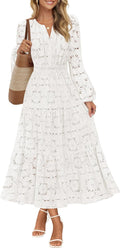 Women's Floral Maxi Dress Eyelet Lace Tiered Long Sleeve - Elegant Fit