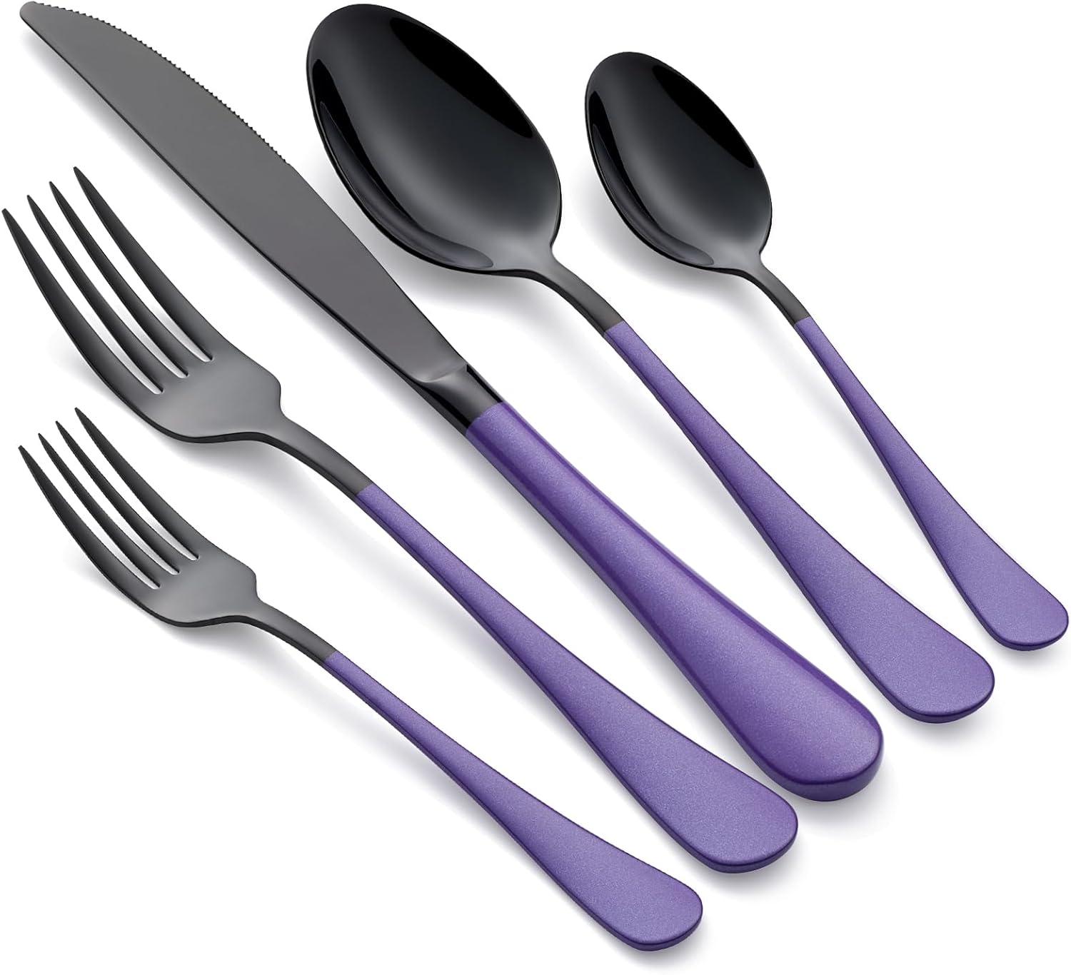 20-Piece Black Silverware Set with Purple Handles for Dining