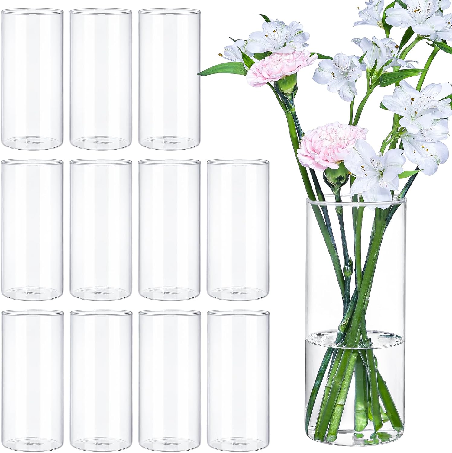12Pcs 8 Inch Tall Clear Glass Cylinder Vases for Centerpieces