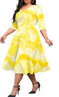 Plus Size Midi Dress for Women - V Neck 3/4 Sleeve A-Line Midi