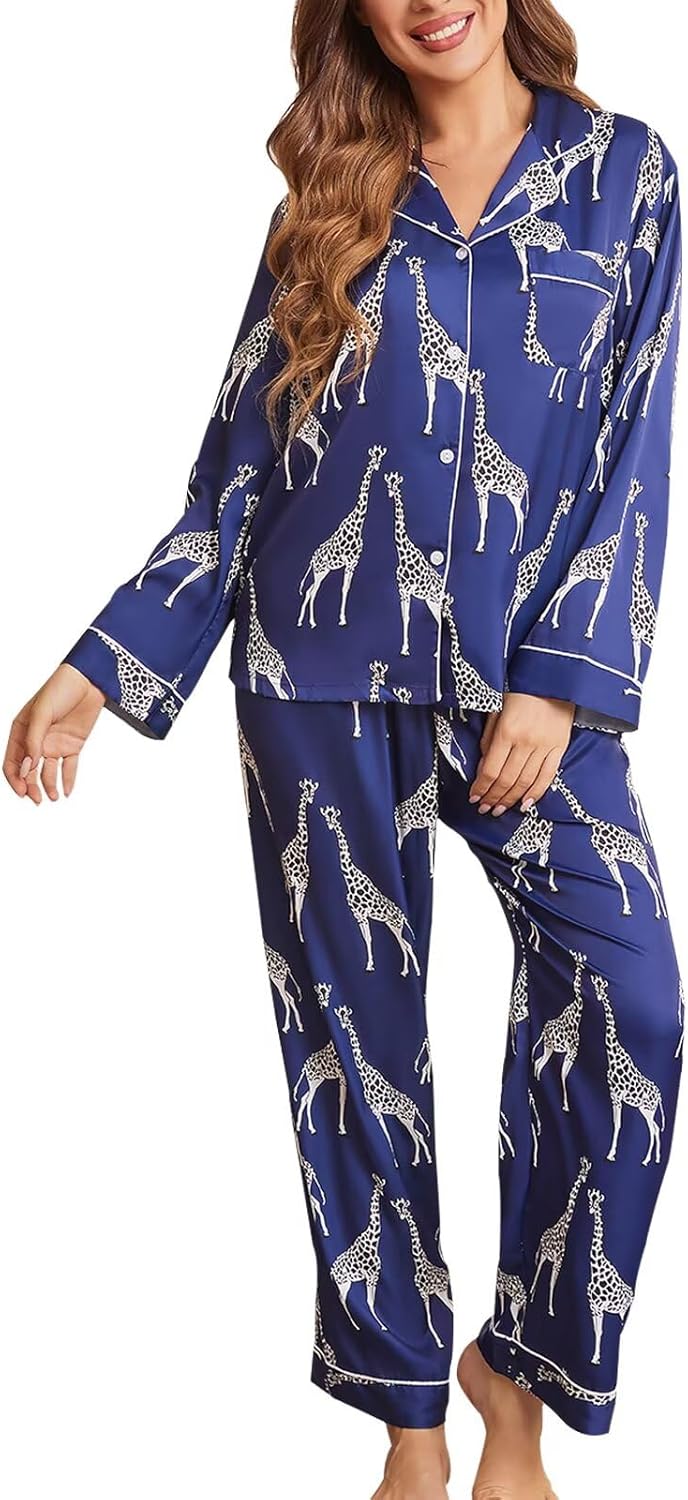 Silk Satin Pajamas for Women with Cute Lace Pattern Set