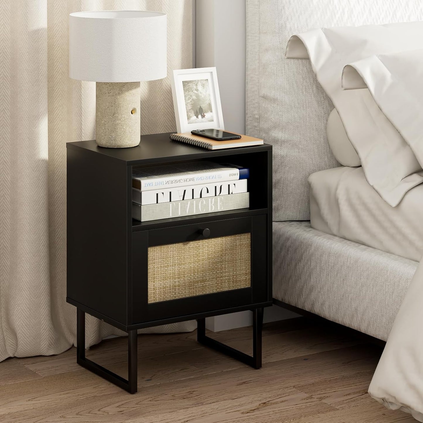 Masupu Rattan Nightstand: Stylish Boho Bedside Table with Storage