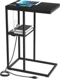 C Shaped End Table with Charging Station - Compact Side Table
