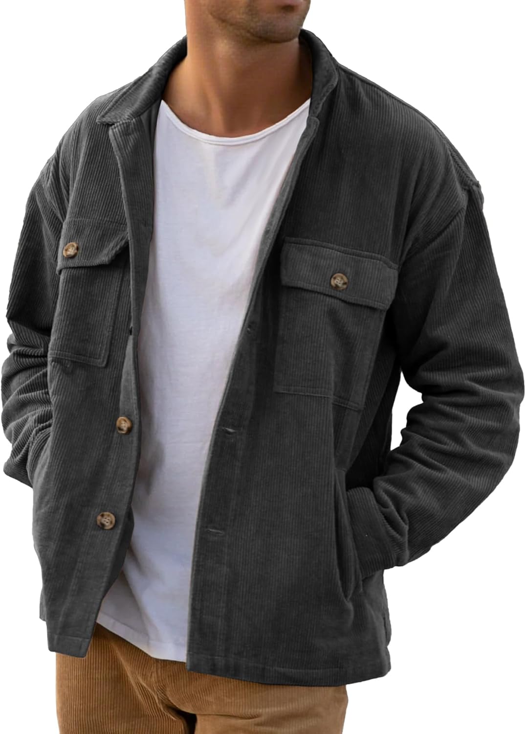 PLEPAN Men's Corduroy Shacket with 4 Pockets for Style