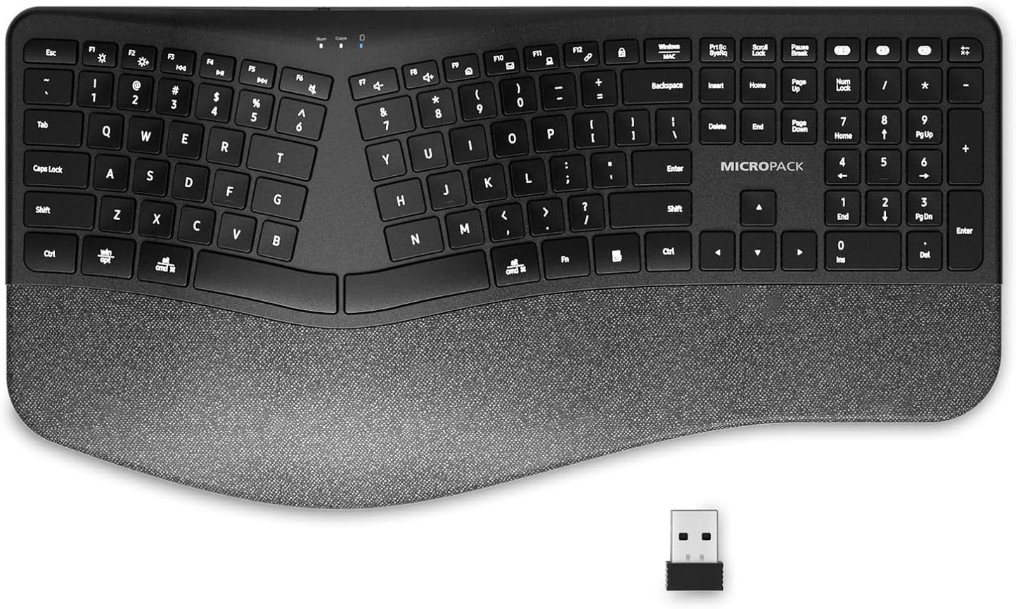 MicroPack Ergonomic Wireless Keyboard with Bluetooth & USB-C