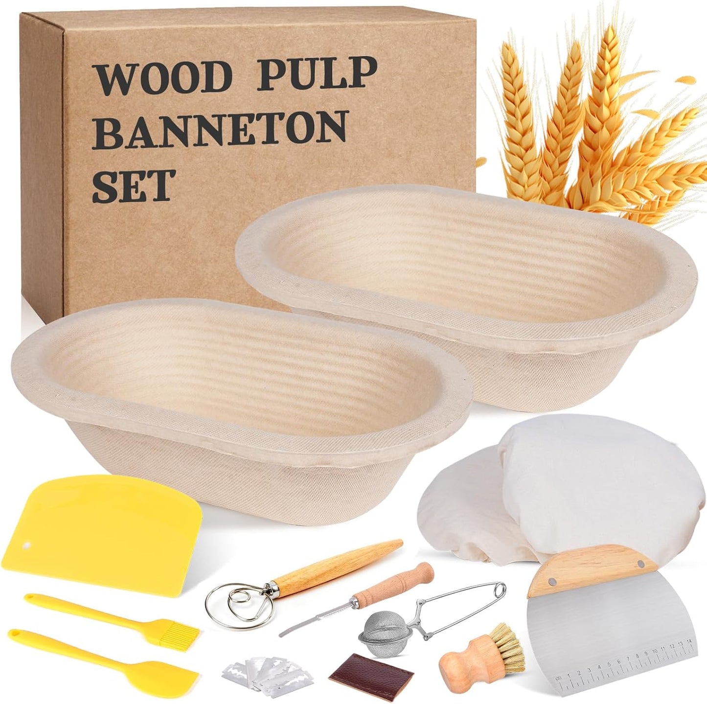Non-Stick Oval Wood Pulp Banneton Bread Proofing Basket Set