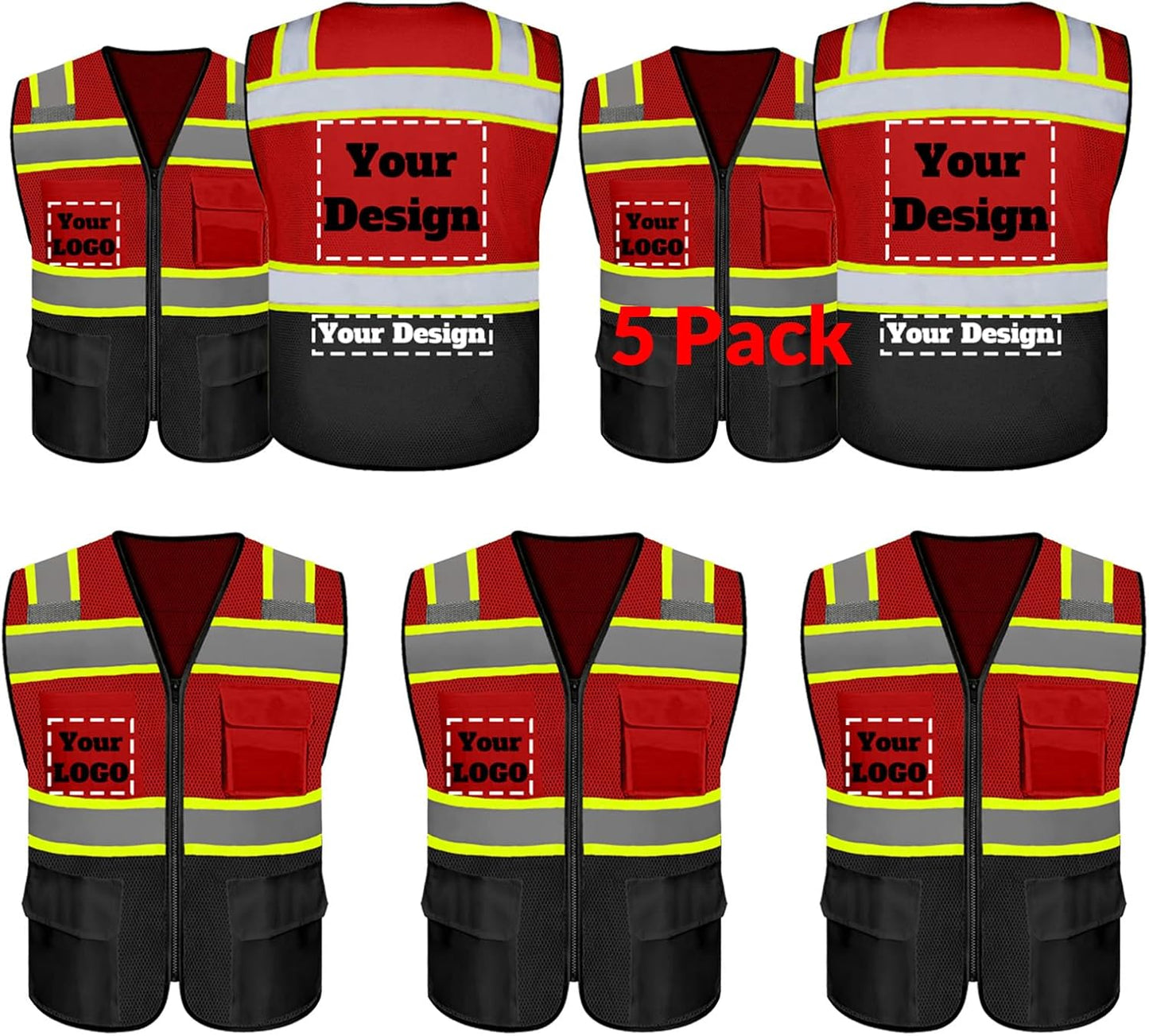 Custom Safety Vest with 5 Pockets & Zipper for High Visibility