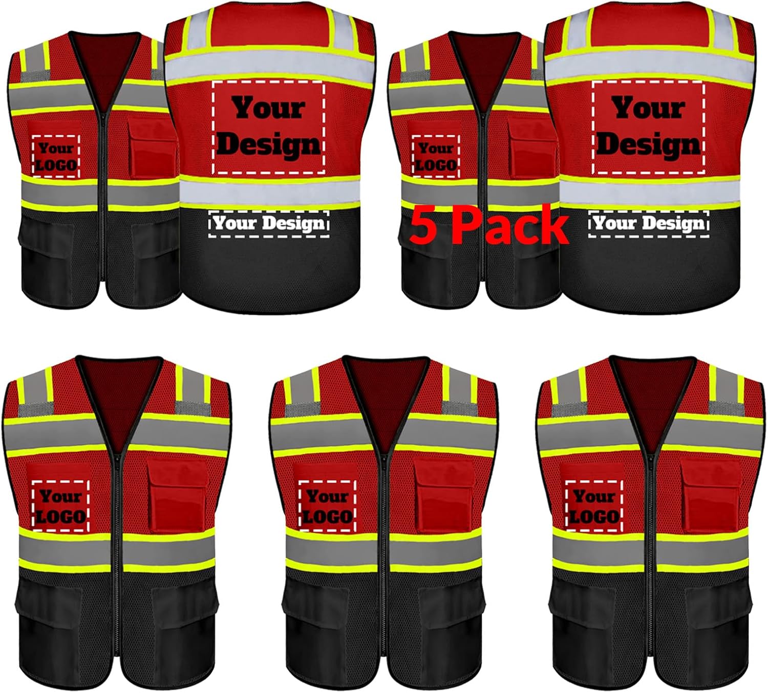 Custom Safety Vest with 5 Pockets & Zipper for High Visibility
