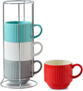 Ceramic Coffee Mug Set of 4 with Rack - Space Saving Ribbed Latte Cups