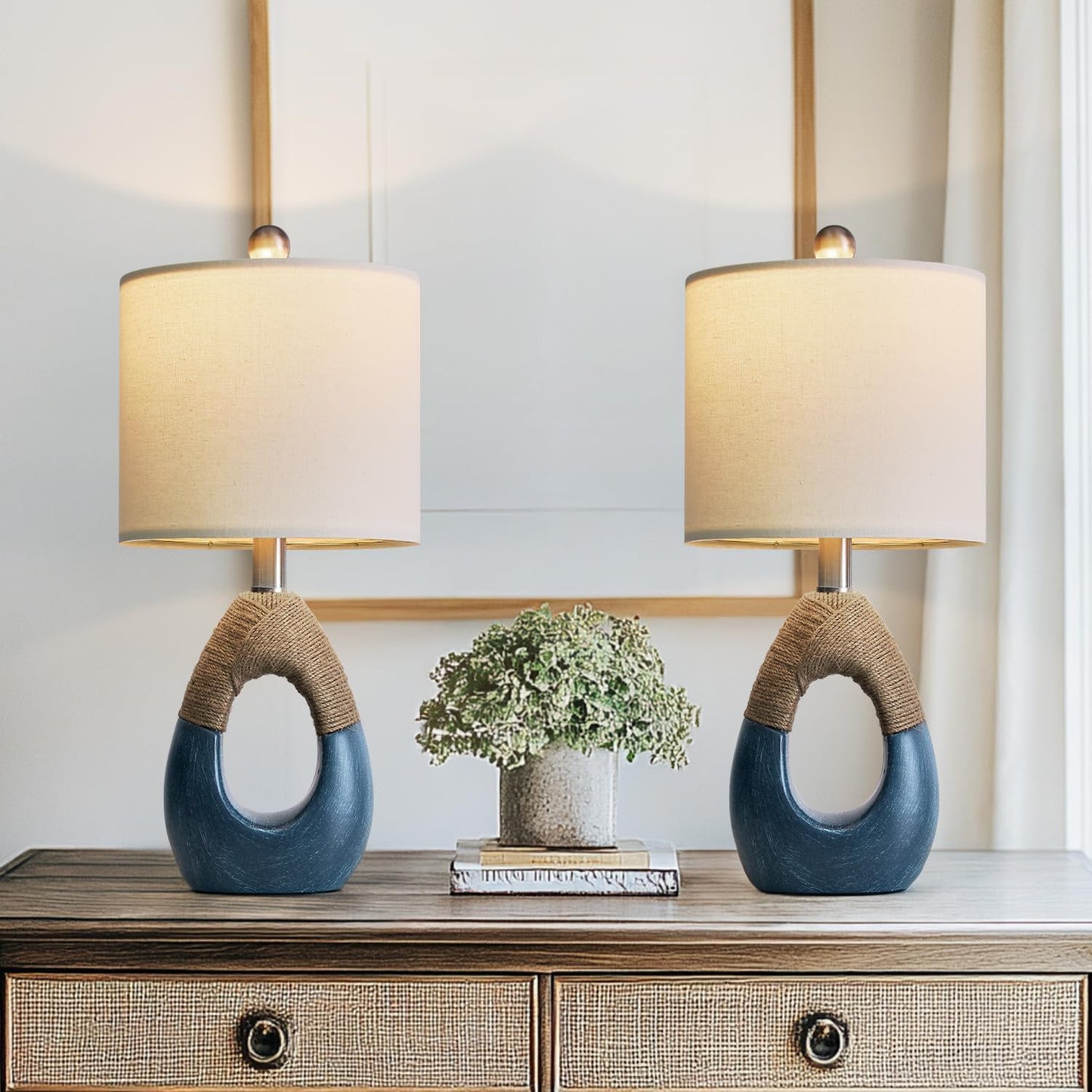 Boho Bedside Lamps Set of 2 for Small Spaces - Blue Table Lamps
