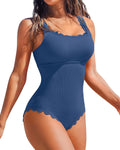 Charmo Womens Scalloped Ribbed One Piece Swimsuits Retro Square Neck