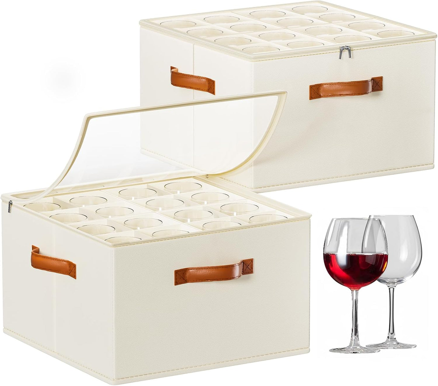 Wine Glass Storage Box with Dividers for 32 Glasses, Beige