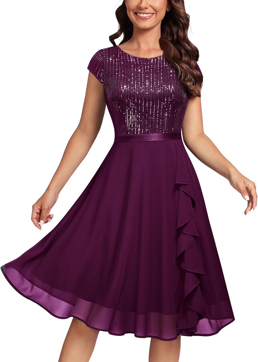 MISSMAY Women's Elegant Glitter Sequin Ruffle Cocktail Dress