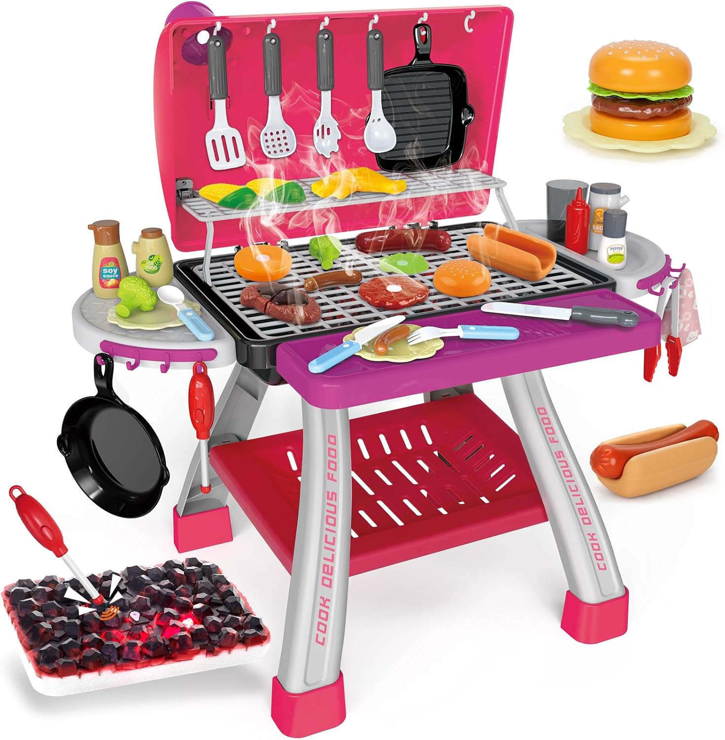Kids BBQ Grill Kitchen Playset with Smoke, Sound & Light Fun