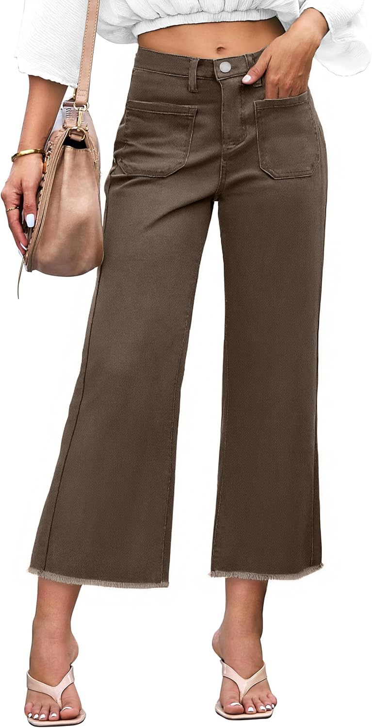 Denim Women Cropped Trousers High Rise Stretchy Pants with Pockets