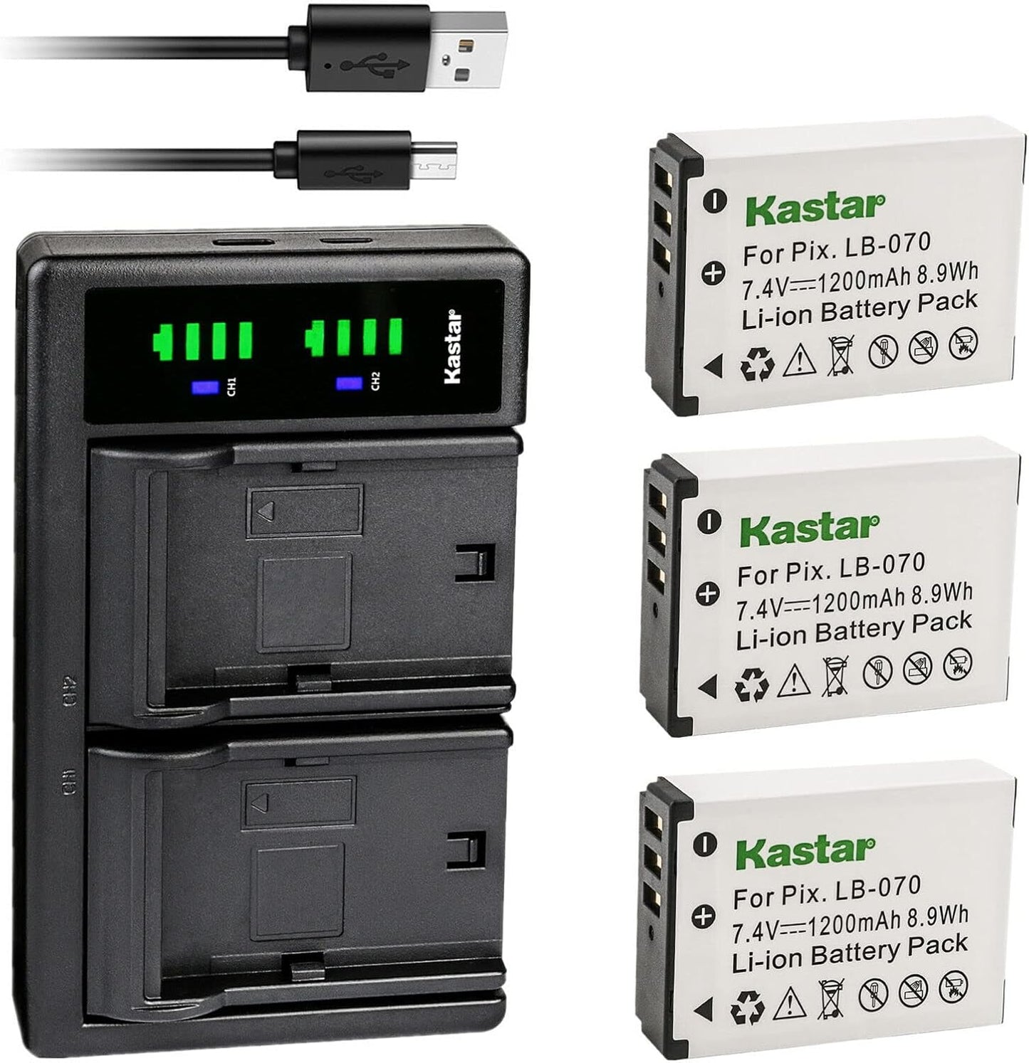 Kastar 3-Pack LB-070 Battery and USB Charger for Kodak Cameras