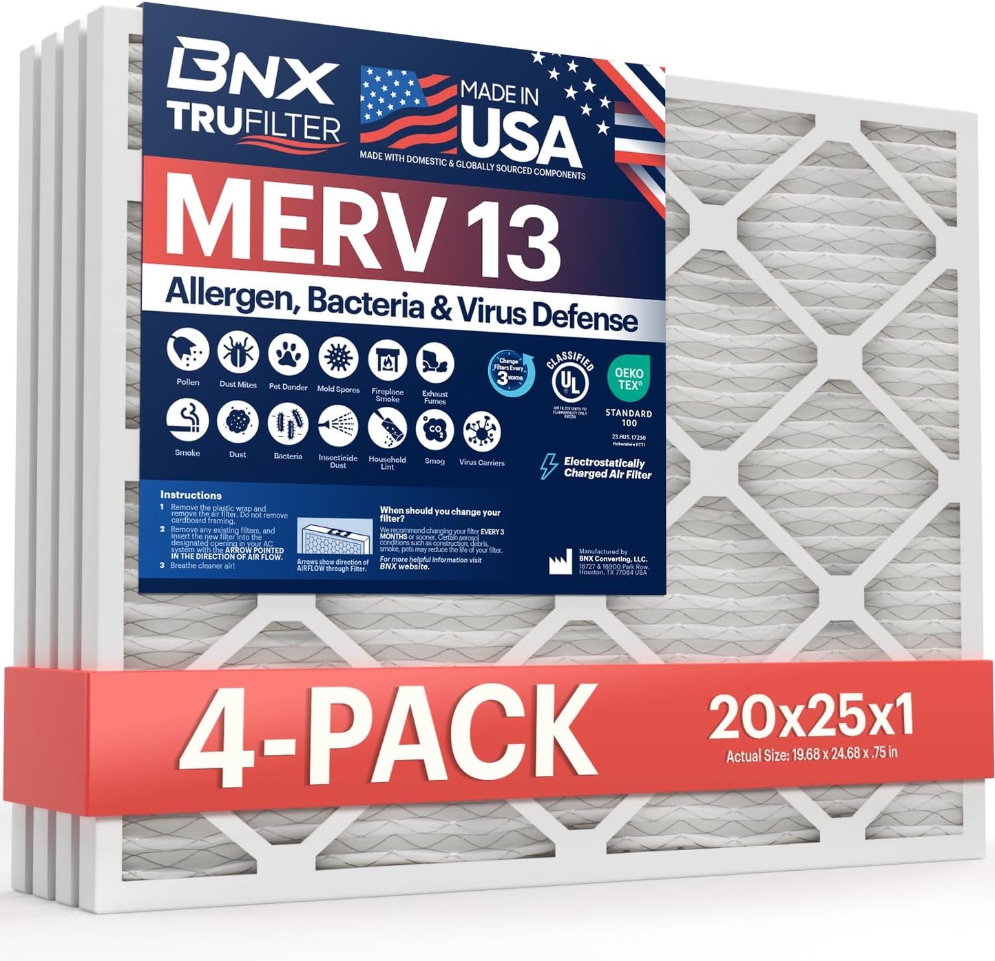 BNX TruFilter 20x25x1 MERV 13 Air Filters for Cleaner Air