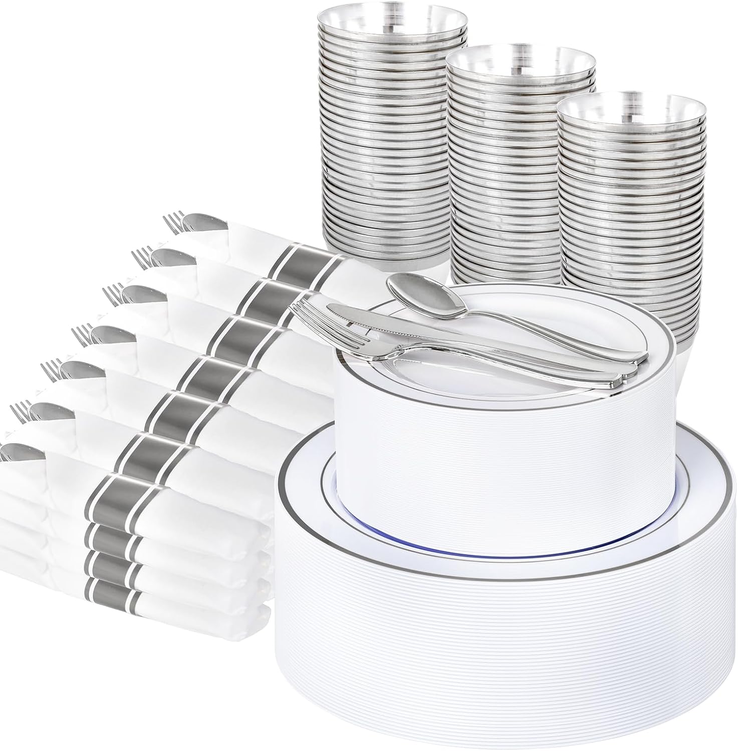 WELLIFE 350-Piece Silver Plastic Dinnerware Set for Elegant Events