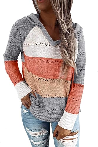SHEWIN Women's Color Block Lightweight Hooded Sweater for Style