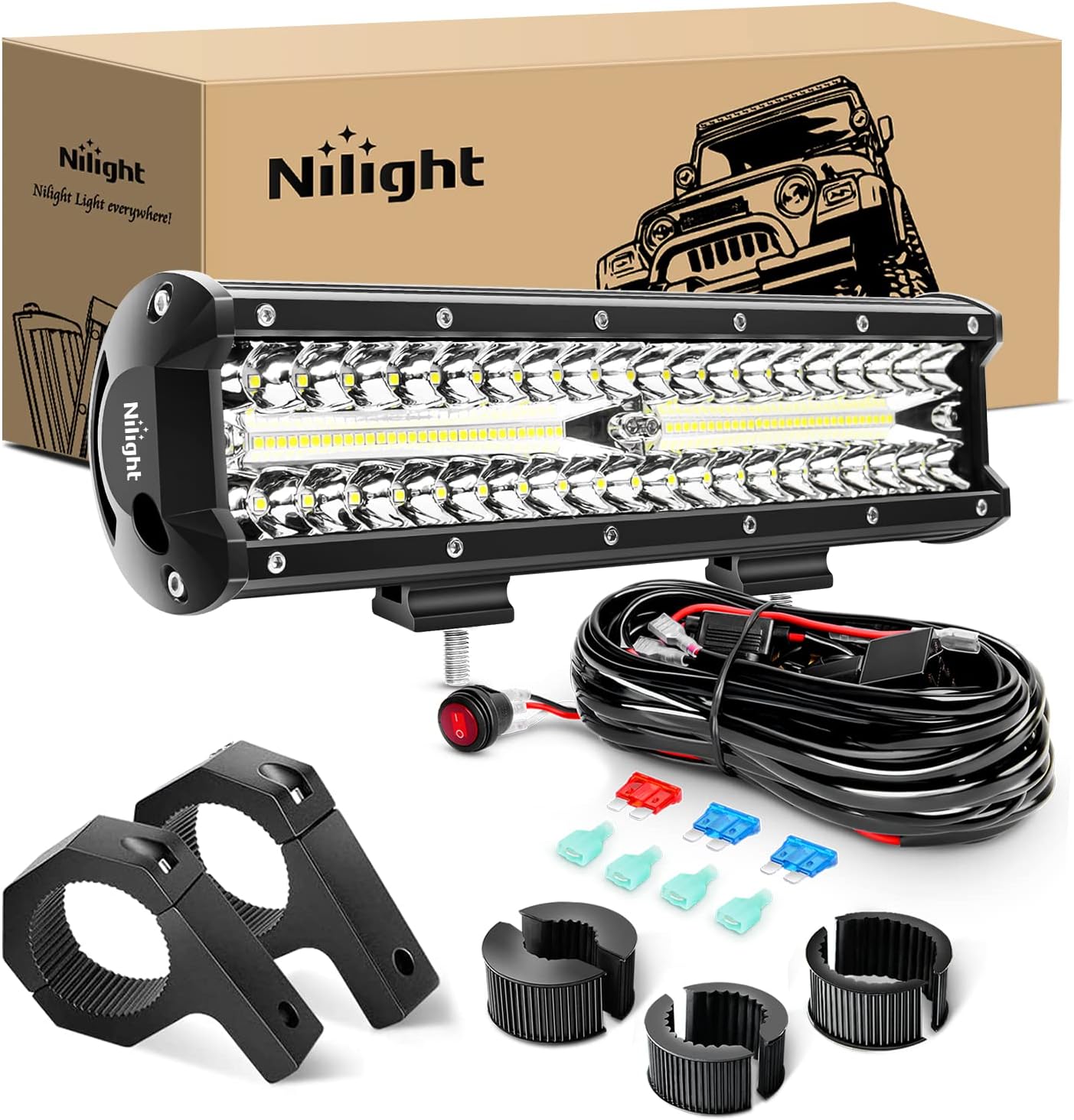 Nilight 12 Inch 300W LED Light Bar with Triple Row Design