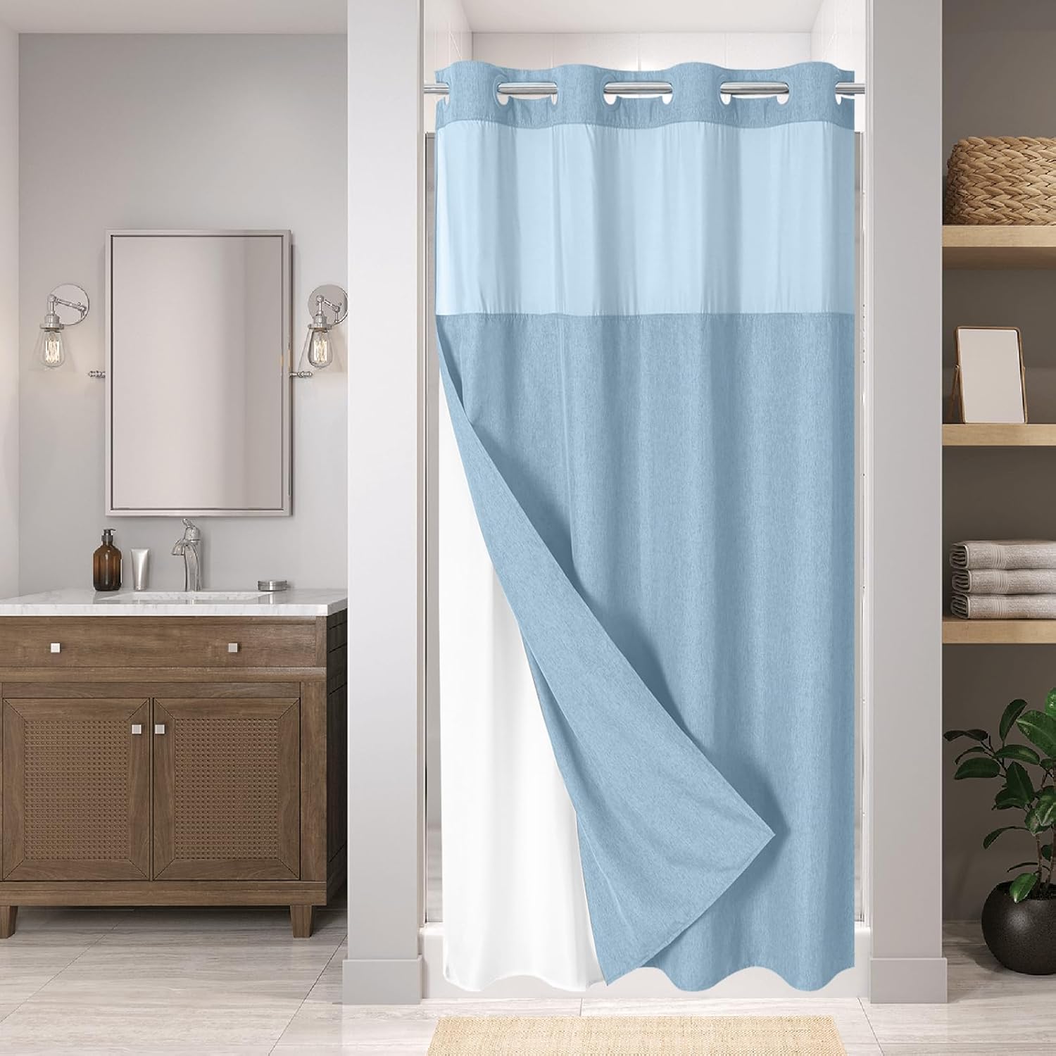 Linen Textured Shower Curtain Set with Snap-in Liner for Luxury Bath