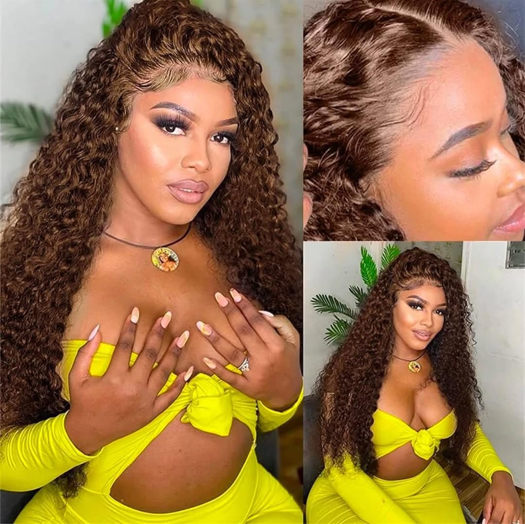 Chocolate Brown Deep Wave Lace Front Wigs for Women 24 in