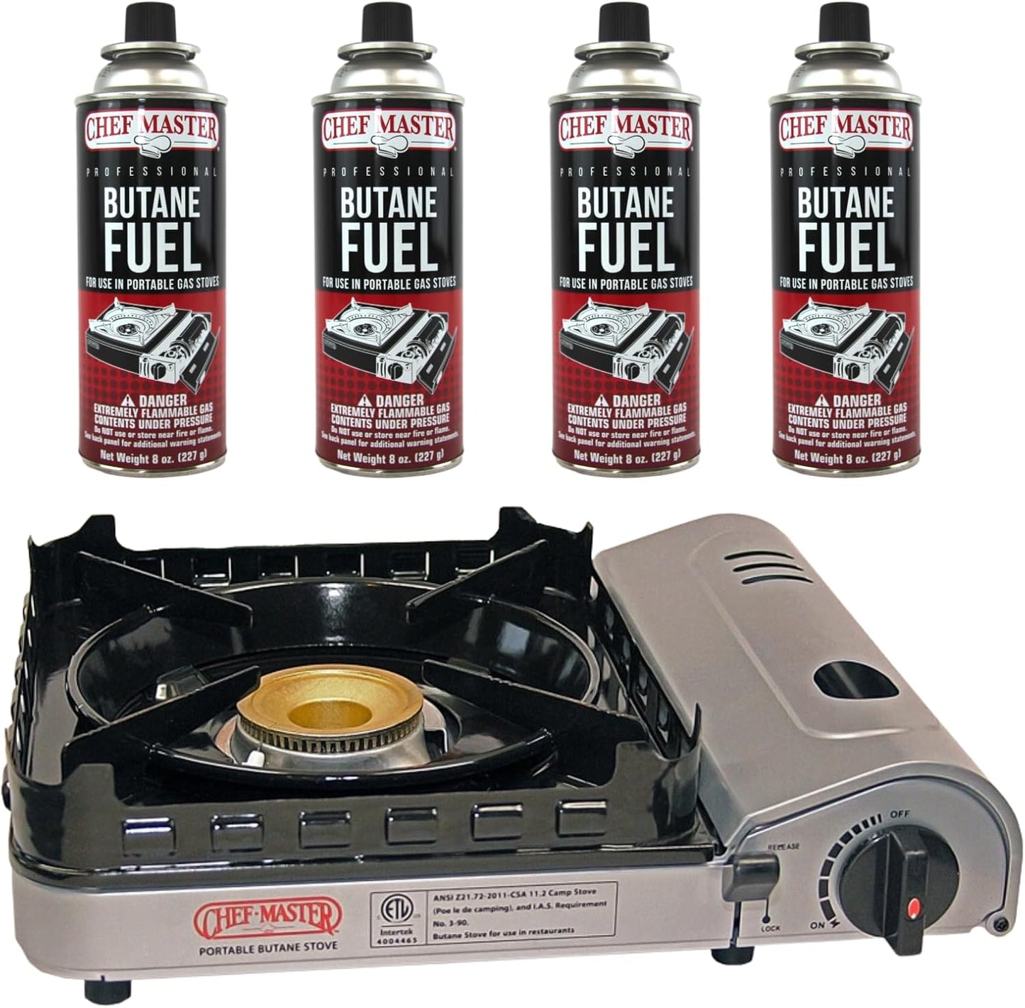 Chef Master Portable Butane Stove Combo - 15,000 BTU Double Wind-Guard, 4 Fuel Canisters!