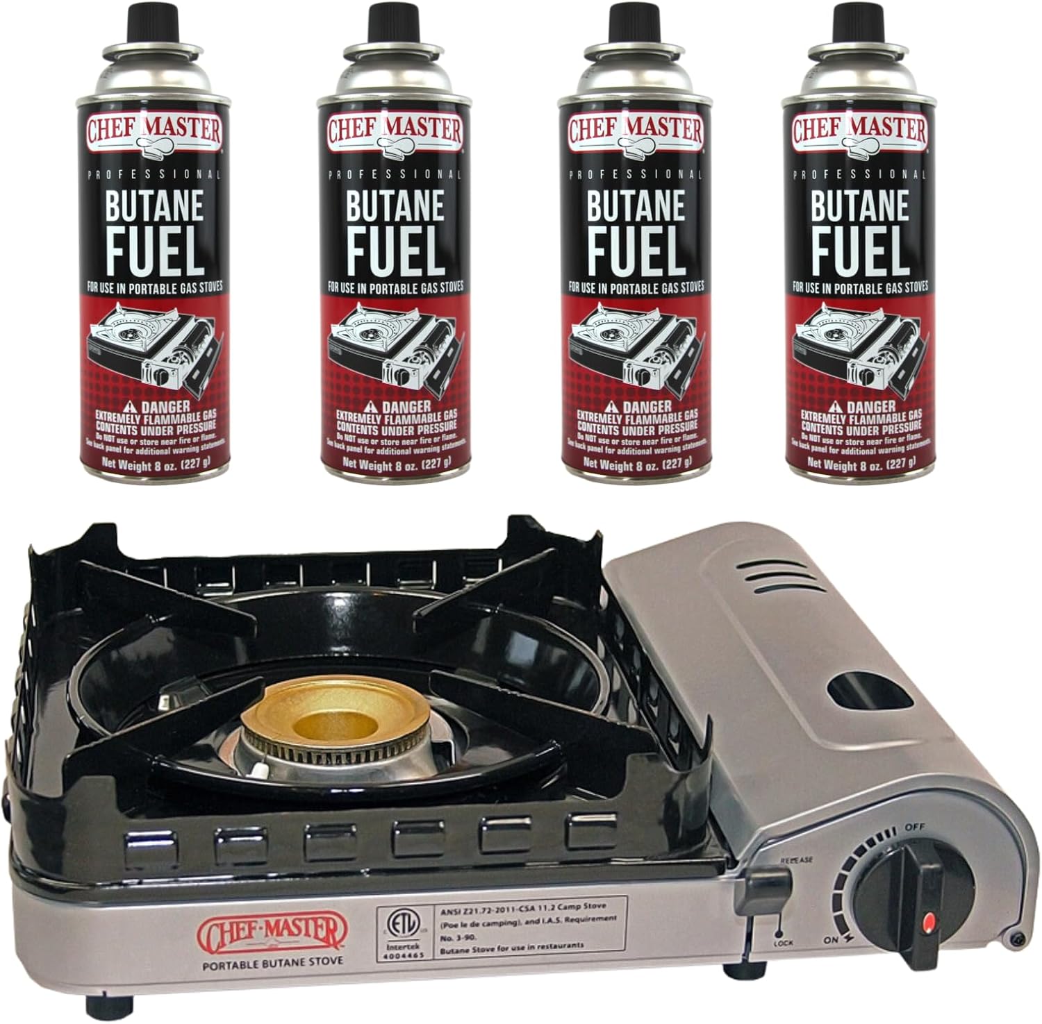 Chef Master Portable Butane Stove Combo - 15,000 BTU Double Wind-Guard, 4 Fuel Canisters!