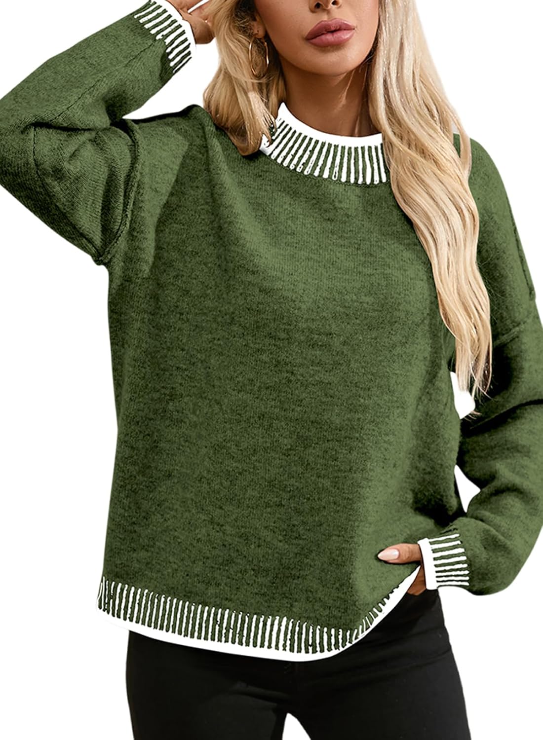 SHEWIN Womens Casual Long Sleeve Contrast Mock Neck Sweater