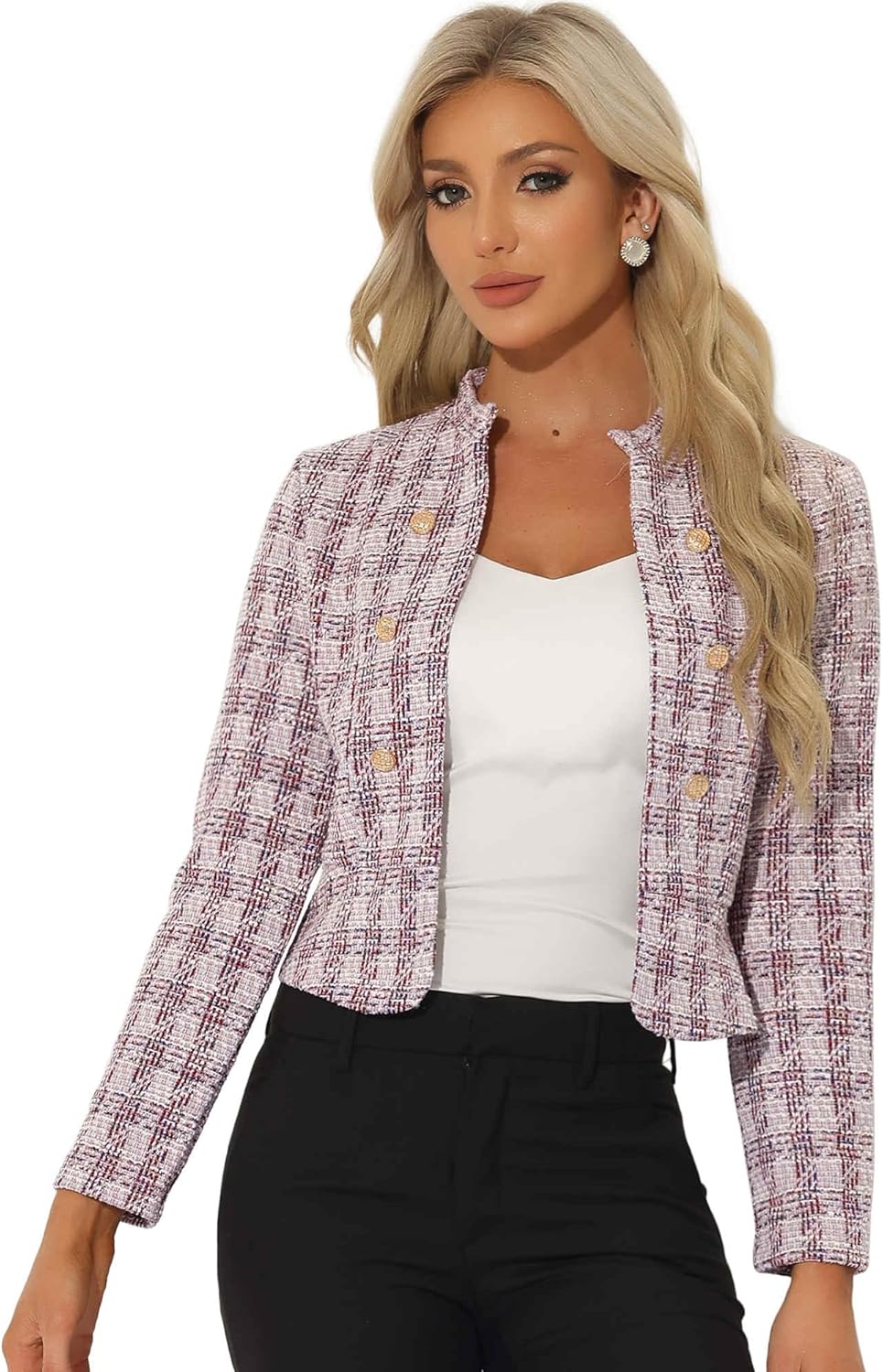 Allegra K Vintage Tweed Jackets for Women's Stand Collar Blazer