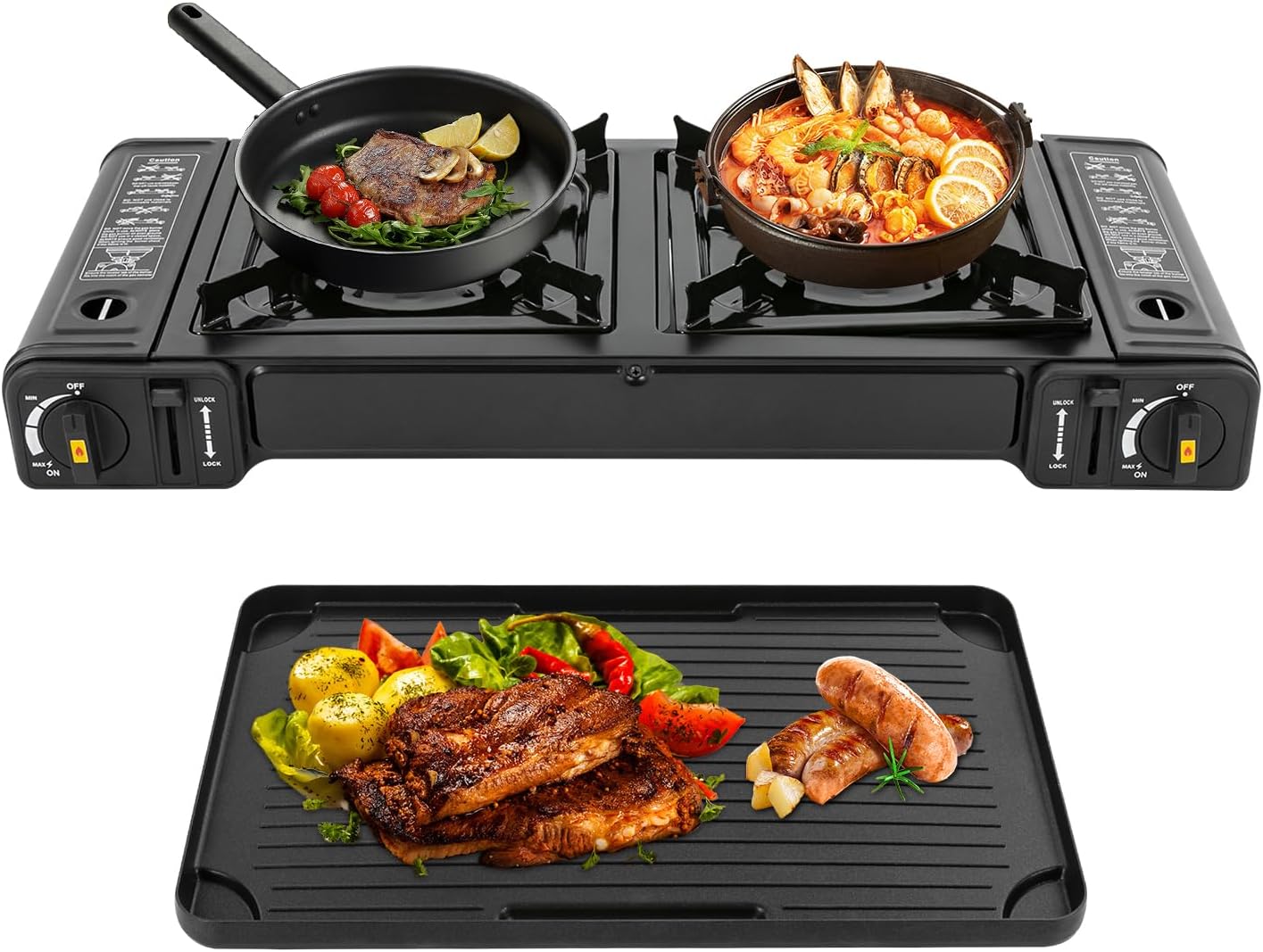 Portable 2-Burner Camp Stove with Grill Tray - DDBESSIC