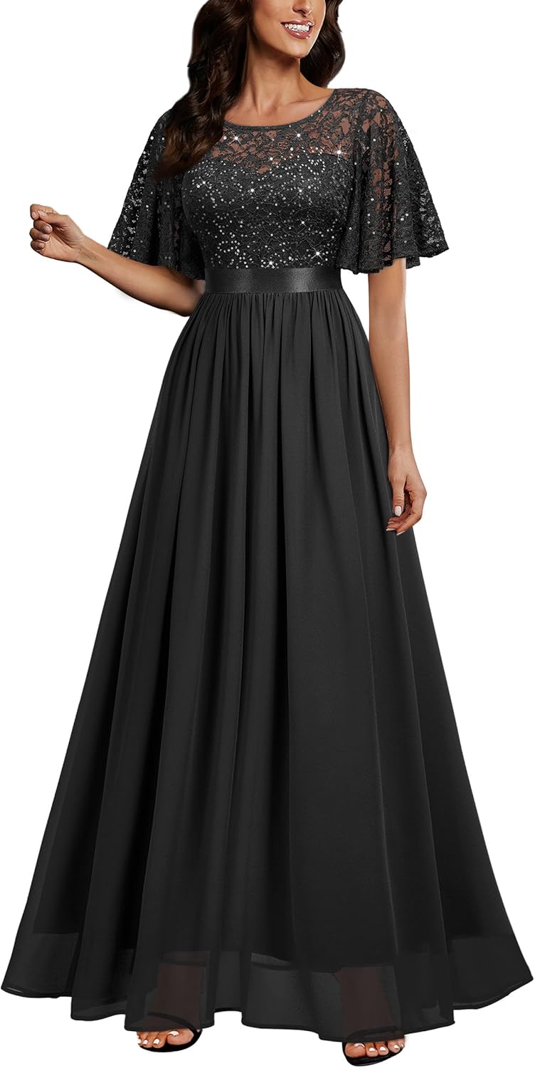 Miusol Women's Elegant Sequin Lace Butterfly Sleeve Maxi Dress