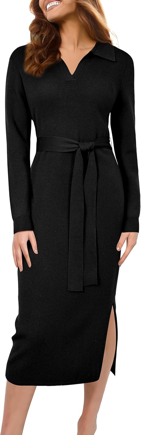 Wool Blend Side Slit Polo Sweater Dress for Women 2025 Fall