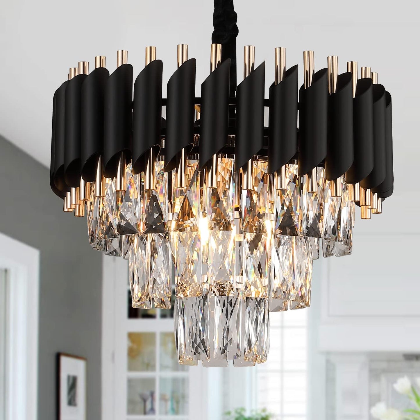 Modern Crystal Chandeliers 3 Tiers Black and Gold Pendant Light