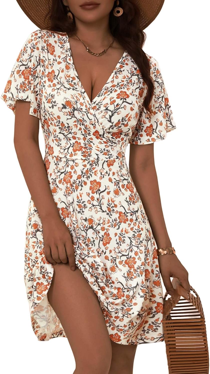FENSACE Womens Sundress Summer Floral Short Sleeve Wrap Dress