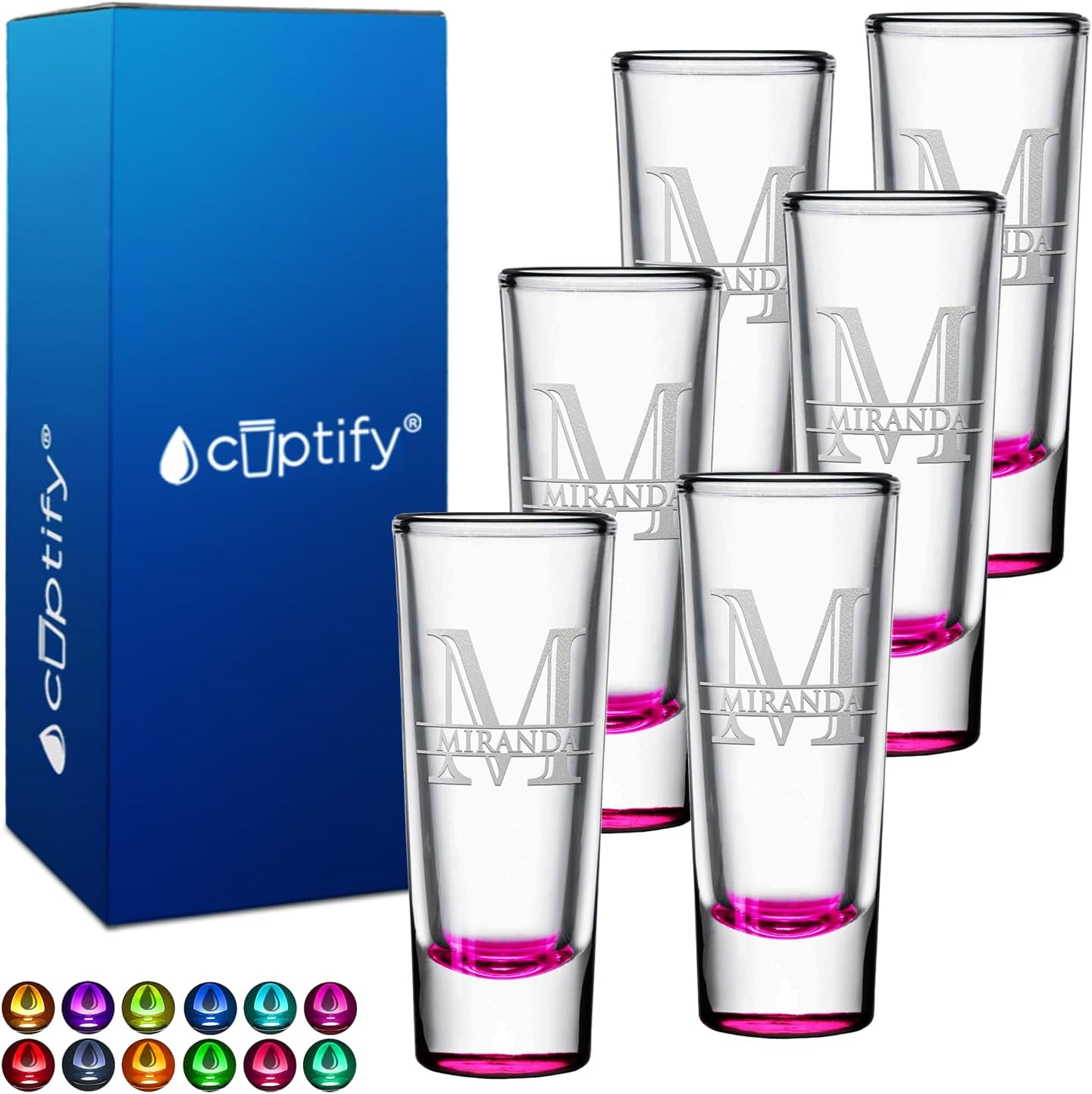 Personalized Shot Glasses Set of 6 with Elegant Pink Bottom