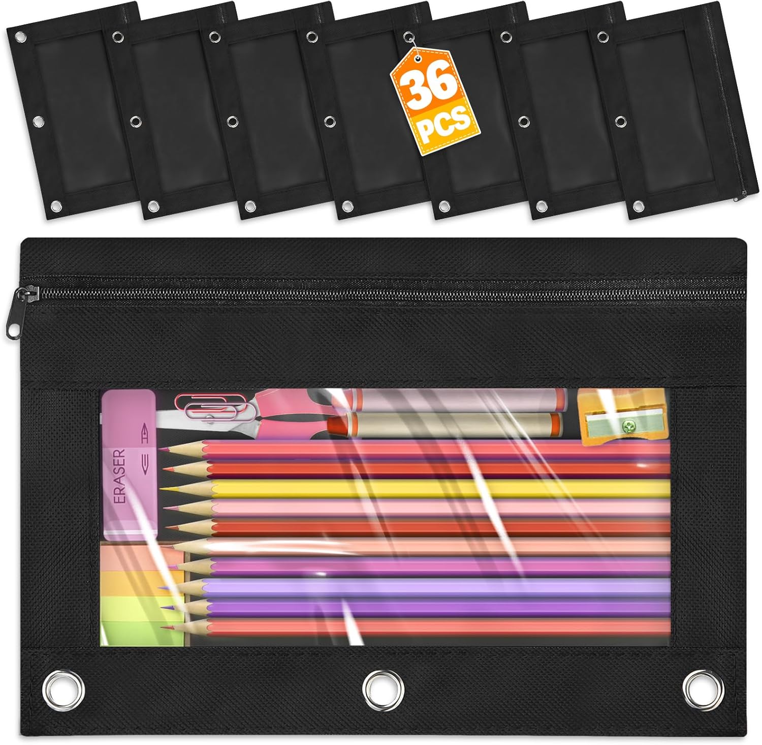 Pencil Pouch for 3 Ring Binder - 36 Packs in Black Colors