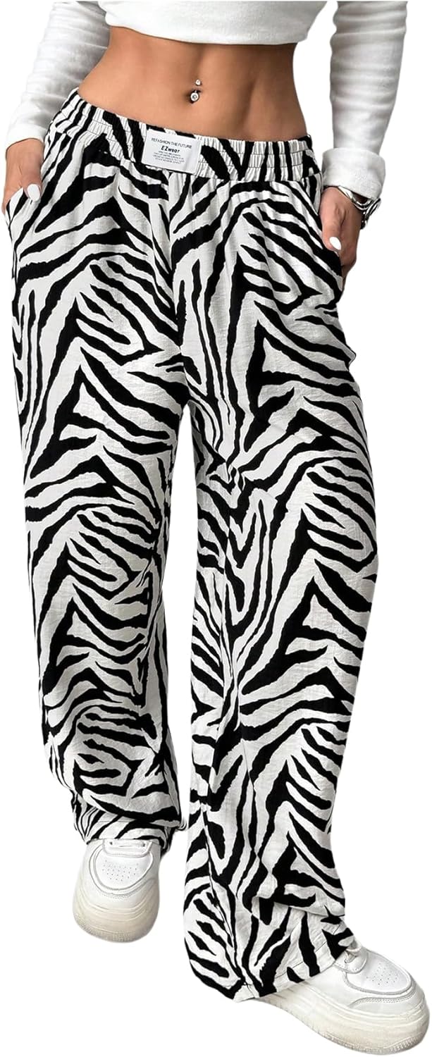 Women's Leopard Print Straight Leg Pants with Elastic Waist