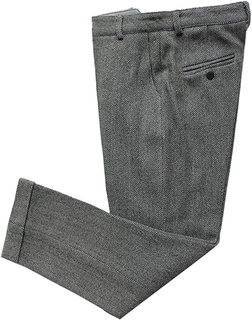 Mens Vintage Tweed Dress Pants with Herringbone Pattern Style