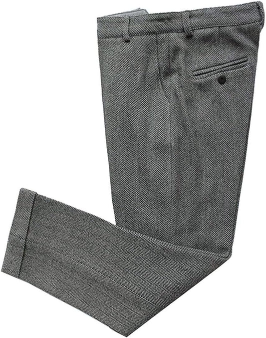 Mens Vintage Tweed Dress Pants with Herringbone Pattern for Men