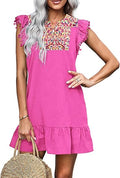 KIRUNDO Women's Mini Dress Casual V Neck Floral Embroidered Ruffle