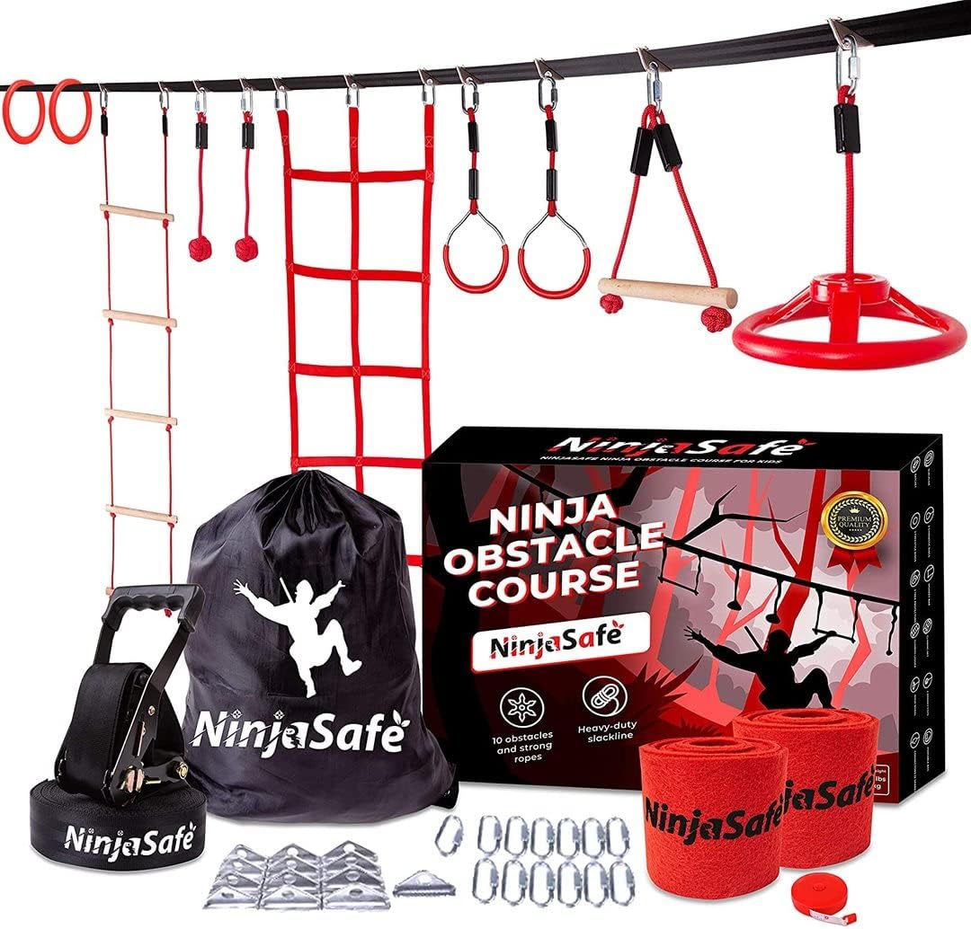 Ultimate Ninja Warrior Kids Course - 10 Obstacles & 50' Slackline - NinjaSafe